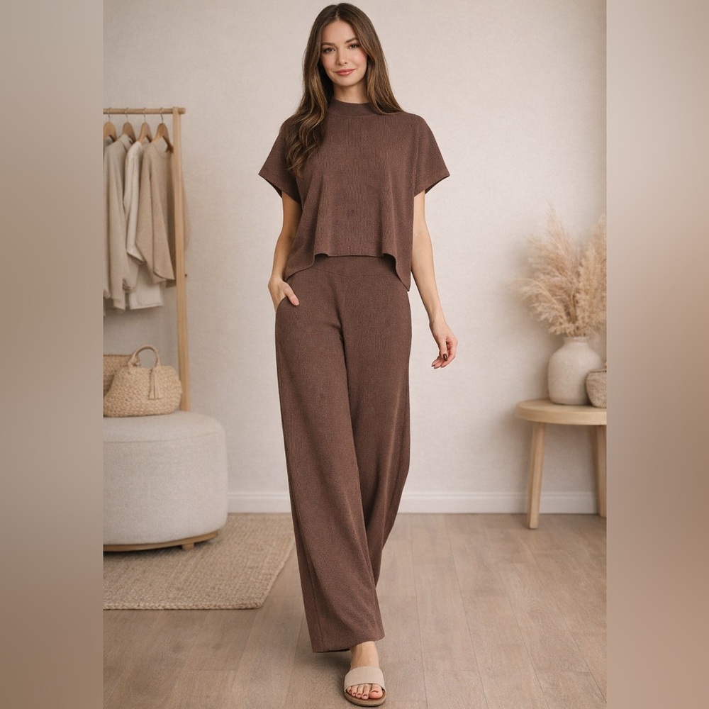 NEW Zenana Brown Viscose Ribbed Matching Set Top & High Rise Pants Size Large